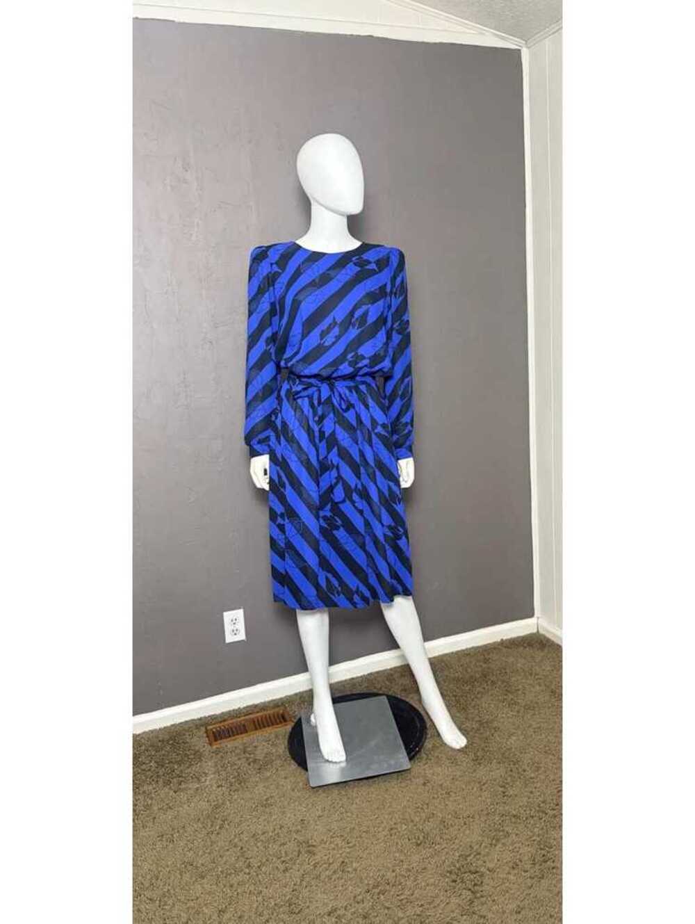 1970's Striped Secretary Dress by Angel of California Blue + Black Sash Belt M-L